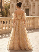 A Line Sweetheart Puffy Sleeves Long Evening Dresses with Bow