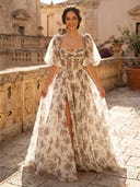 A Line Sweetheart Puffy Sleeves Long Evening Dresses with Slit