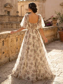 A Line Sweetheart Puffy Sleeves Long Evening Dresses with Slit
