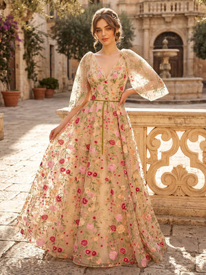 A Line Tulle V Neck 3/4 Sleeves Long Evening Dresses