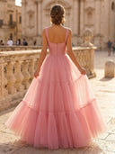A Line Tulle Sweetheart Sleeveless Long Evening Dresses