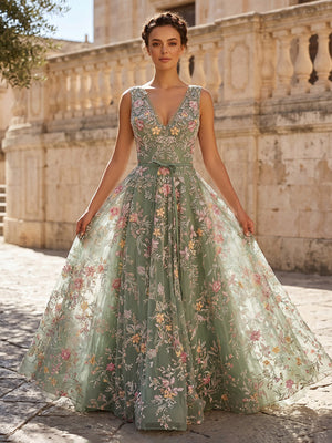 A Line Tulle V Neck Sleeveless Long Evening Dresses with Bow
