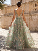 A Line Tulle V Neck Sleeveless Long Evening Dresses with Bow