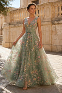 A Line Tulle V Neck Sleeveless Long Evening Dresses with Bow