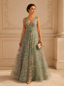 A Line Tulle V Neck Sleeveless Long Evening Dresses with Bow