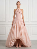 A Line Lace Halter Sleeveless High Low Evening Dresses with Flower
