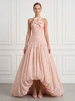 A Line Lace Halter Sleeveless High Low Evening Dresses with Flower