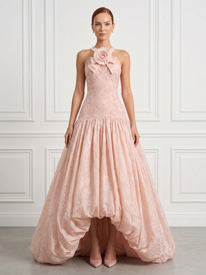 A Line Lace Halter Sleeveless High Low Evening Dresses with Flower