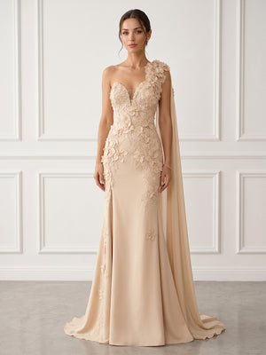 Mermaid One Shoulder Sleeveless Long Evening Dresses with Flower