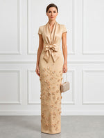 Mermaid V Neck Short Sleeves Long Evening Dresses with Flower