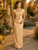 Mermaid V Neck Short Sleeves Long Evening Dresses with Flower