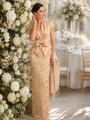 Mermaid V Neck Short Sleeves Long Evening Dresses with Flower
