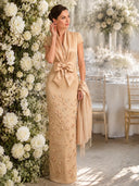 Mermaid V Neck Short Sleeves Long Evening Dresses with Flower