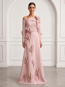 A Line Satin Off Shoulder Long Sleeves Evening Dresses with Flower