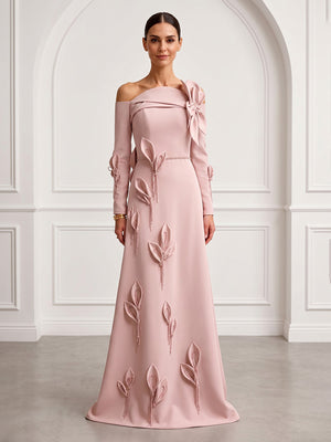 A Line Satin Off Shoulder Long Sleeves Evening Dresses with Flower