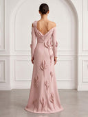 A Line Satin Off Shoulder Long Sleeves Evening Dresses with Flower