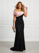 Mermaid Sequin Off Shoulder Sleeveless Long Evening Dresses with Flower