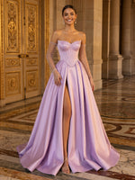 Satin A Line Strapless Sleeveless Long Evening Dresses with Slit