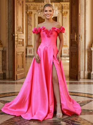 Satin A Line Off Shoulder Long Evening Dresses with Slit