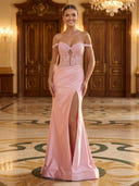 Satin Mermaid Sweetheart Off Shoulder Long Evening Dresses with Lace Appliques