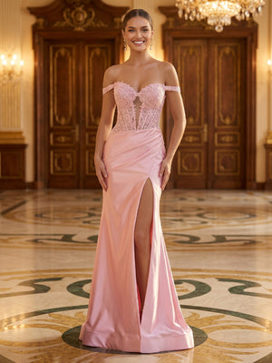 Satin Mermaid Sweetheart Off Shoulder Long Evening Dresses with Lace Appliques