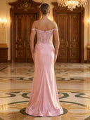 Satin Mermaid Sweetheart Off Shoulder Long Evening Dresses with Lace Appliques