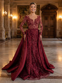 Satin A Line V Neck Long Sleeves Long Evening Dresses with Lace Appliques