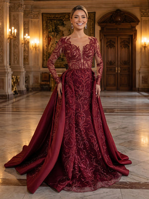 Satin A Line V Neck Long Sleeves Long Evening Dresses with Lace Appliques