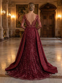 Satin A Line V Neck Long Sleeves Long Evening Dresses with Lace Appliques