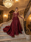 Satin A Line V Neck Long Sleeves Long Evening Dresses with Lace Appliques