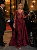 Satin A Line V Neck Long Sleeves Long Evening Dresses with Lace Appliques