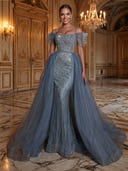 Sequin Mermaid Off Shoulder Long Evening Dresses with Tulle