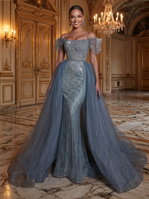 Sequin Mermaid Off Shoulder Long Evening Dresses with Tulle