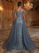 Sequin Mermaid Off Shoulder Long Evening Dresses with Tulle
