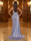 Sequin Mermaid Strapless Sleeveless Long Evening Dresses with Train
