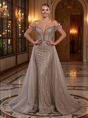 Sequin Mermaid Off Shoulder Long Evening Dresses with Train