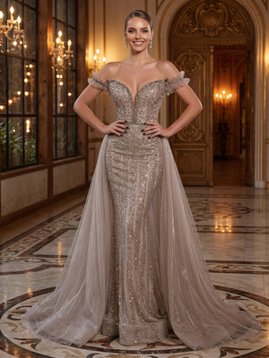 Sequin Mermaid Off Shoulder Long Evening Dresses with Train