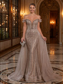 Sequin Mermaid Off Shoulder Long Evening Dresses with Train