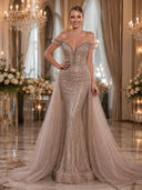 Sequin Mermaid Off Shoulder Long Evening Dresses with Train
