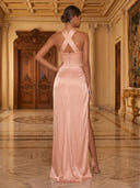 Satin Mermaid Halter Sleeveless Long Evening Dresses with Slit