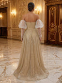 Sparkly Tulle A Line V Neck Long Sleeves Long Evening Dresses with Slit