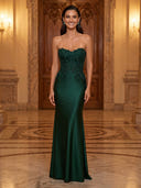 Satin Mermaid Strapless Sleeveless Long Evening Dresses with Lace