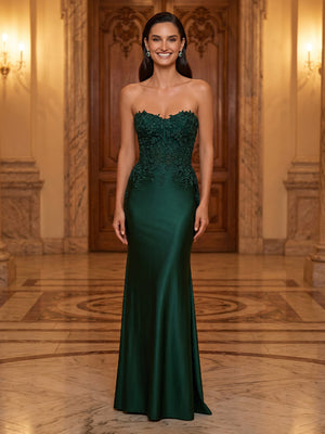 Satin Mermaid Strapless Sleeveless Long Evening Dresses with Lace