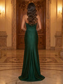 Satin Mermaid Strapless Sleeveless Long Evening Dresses with Lace