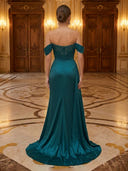 Satin Mermaid Off Shoulder Long Evening Dresses with Sequin