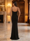 Satin Mermaid V Neck Spaghetti Straps Long Evening Dresses with Sequin