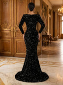 Sequin Mermaid V Neck Long Sleeves Long Evening Dresses with Slit