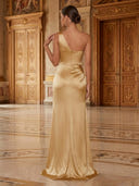 Satin Mermaid One Shoulder Long Evening Dresses with Slit