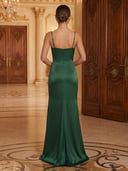 Satin Mermaid Spaghetti Straps Long Evening Dresses with Slit