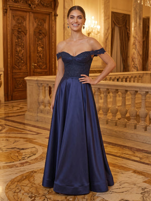 Satin A Line Off Shoulder Long Evening Dresses with Lace